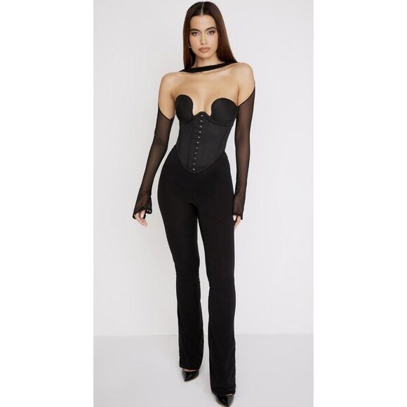 HOUSE OF CB Erin Black Mesh Trousers Sheer High Waist Flare Pants Size Small - Picture 2 of 16